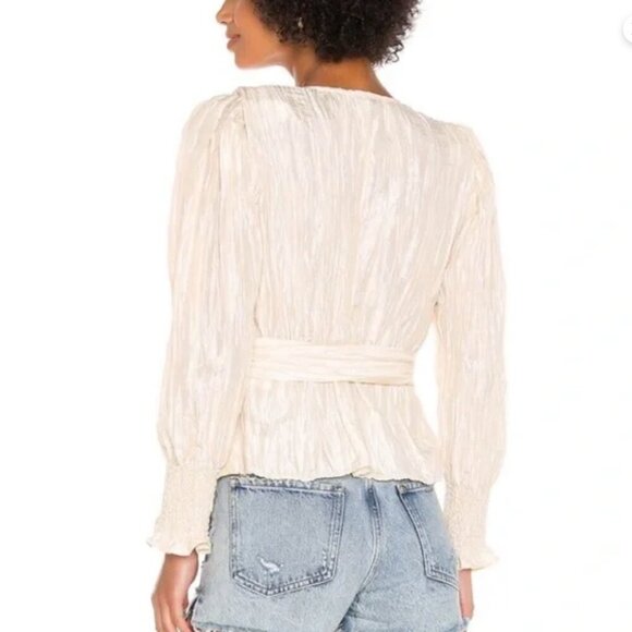 NWT NBD Chiara Top Womens Small Champagne Long Puffed Sleeve Tafetta Wrap Tie - Picture 4 of 16